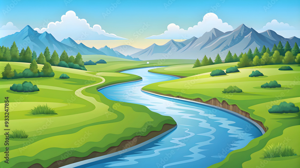 Simple flat vector illustration as Clear river flowing through a green valley in summer concept as A serene river flowing through a lush green valley under a bright summer sky ideal for business prese Simple flat vector illustration as Clear river flowing through a green valley in summer concept as A serene river flowing through a lush green valley under a bright summer sky ideal for business prese