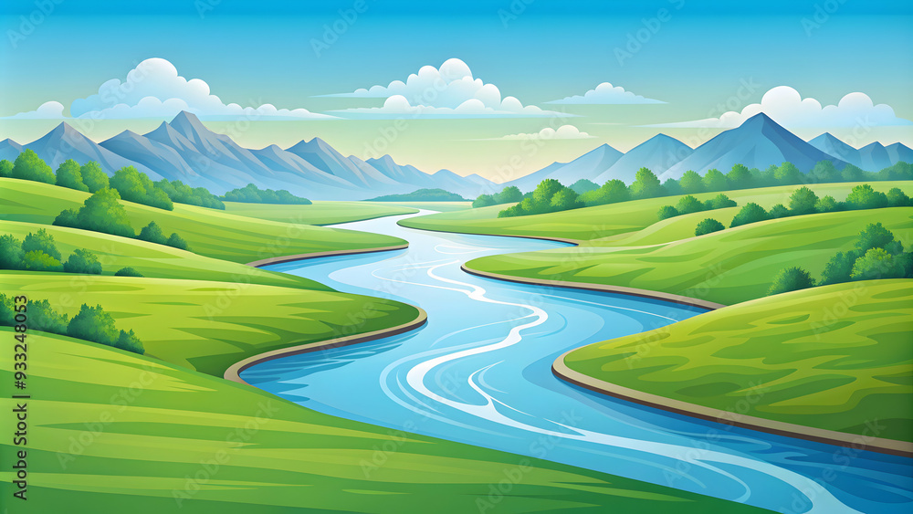 Simple flat vector illustration as Clear river flowing through a green valley in summer concept as A serene river flowing through a lush green valley under a bright summer sky ideal for business prese Simple flat vector illustration as Clear river flowing through a green valley in summer concept as A serene river flowing through a lush green valley under a bright summer sky ideal for business prese