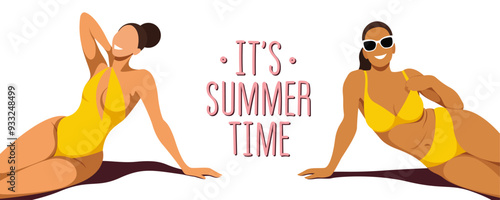 vector image on the theme of summer holiday. two tanned girls with perfect figures in yellow retro swimsuits sunbathe on the beach. text in the center: it's summer time. isolated on a white background