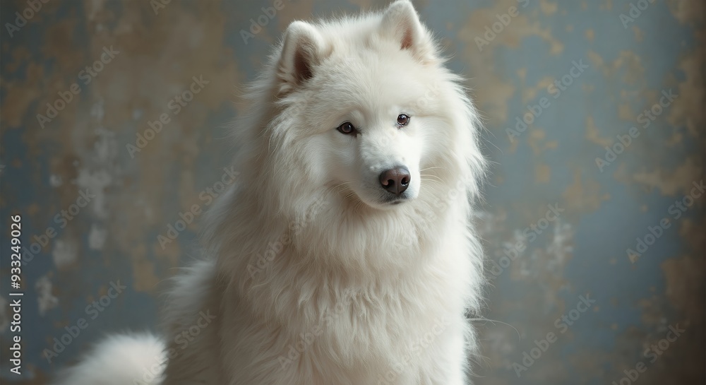 Fototapeta premium Cute animal wallpaper collection, Arctic guardian, Majestic white wolf stands sentinel in misty, ethereal winter landscape