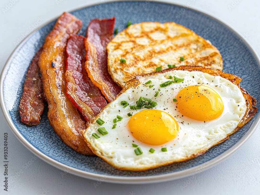 Delicious breakfast plate with fried eggs, crispy bacon, and golden hash browns Delicious breakfast plate with fried eggs, crispy bacon, and golden hash browns