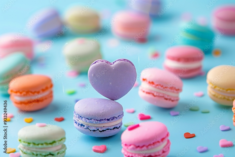 Fototapeta premium Close-up of colorful heart-shaped macarons levitating on blue background , created ai