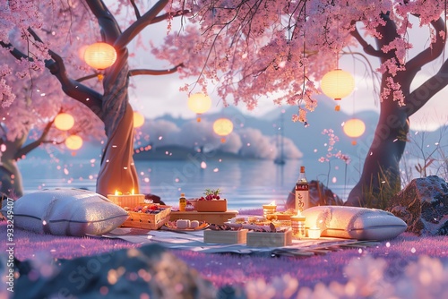 Cheerful 3D render of a Hanami picnic under cherry blossom trees with bento boxes, sake, and friends , created ai