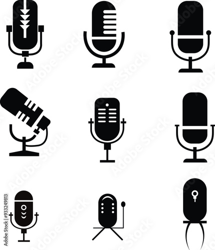Collection of Retro and Modern Microphone Icons for Podcast, Studio, Voice Recording, Broadcasting, Audio Equipment and Music Design - Vector EPS Format

