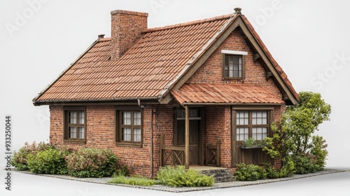 Wallpaper Mural A quaint red brick cottage with a wooden door, windows, and a porch, surrounded by lush greenery. Torontodigital.ca