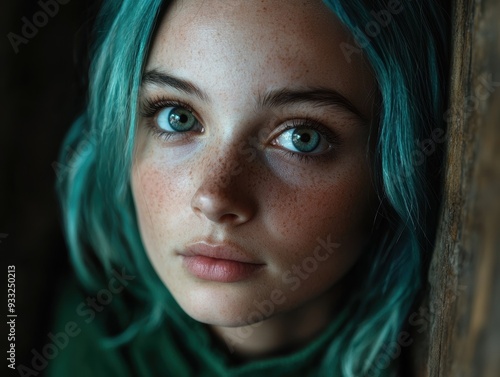 Thoughtful young woman with vibrant teal hair