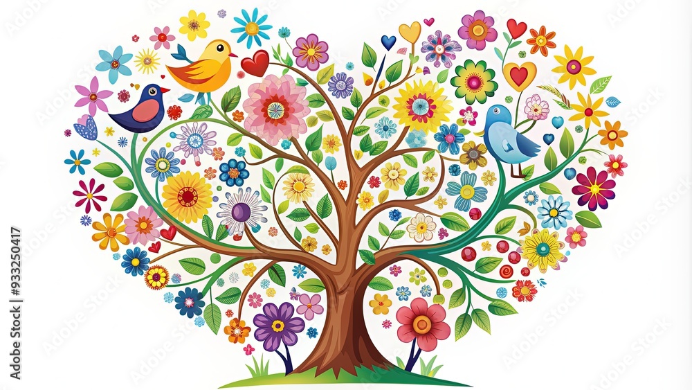 Fototapeta premium Vibrant colorful illustration of a family tree with blooming flowers and birds surrounding a central heart symbolizing love and unity between parents and children.
