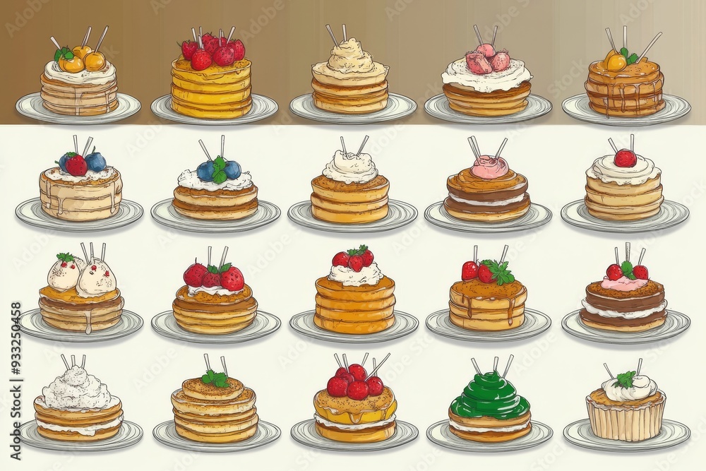 A collection of delicious pancake creations with various toppings. A collection of delicious pancake creations with various toppings.