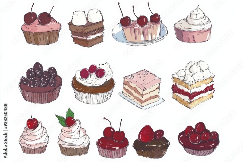 A collection of hand-drawn cakes with cherry and cream toppings. A collection of hand-drawn cakes with cherry and cream toppings.