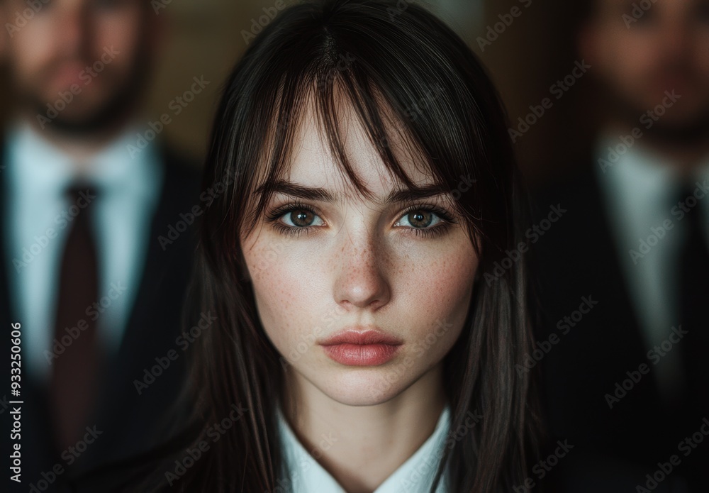 Thoughtful young woman with dark hair and green eyes