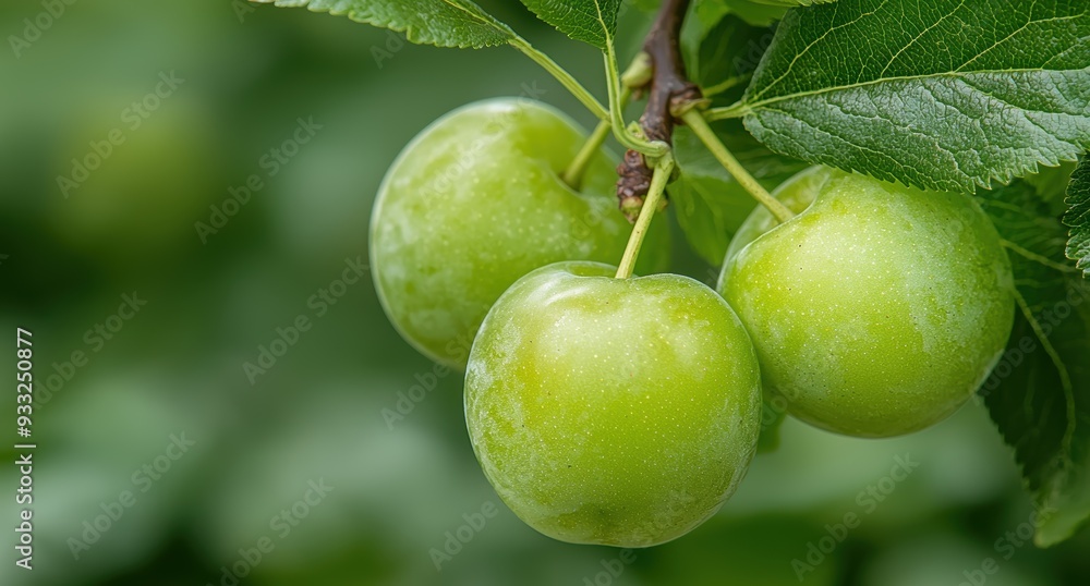 Close-up of fresh green apples growing on a tree branch Close-up of fresh green apples growing on a tree branch