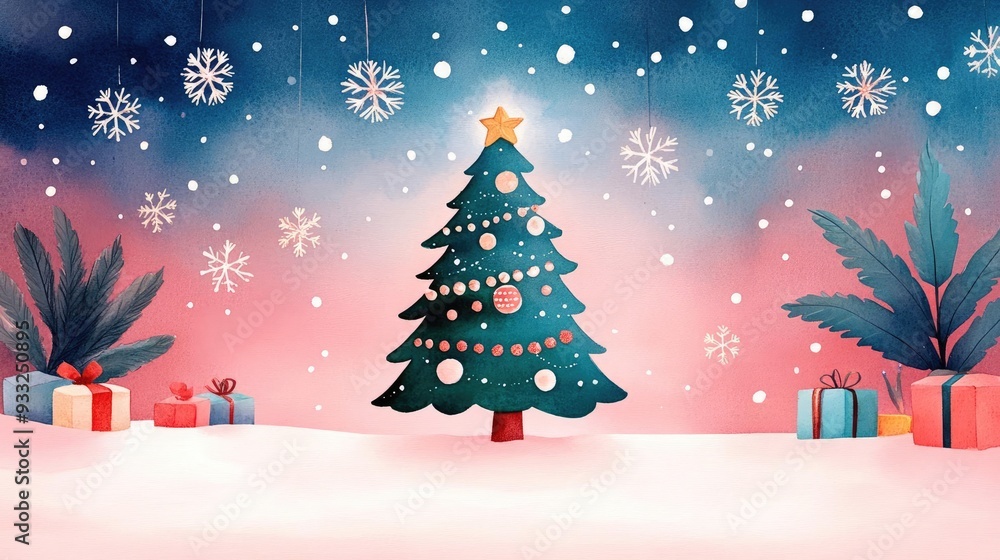 Obraz premium Cozy Christmas scene, decorated tree, snowflakes in the air, warm holiday cheer, Watercolor style