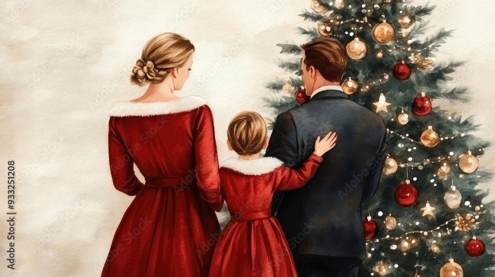 Obraz premium Family gathering around a sparkling tree, timeless Christmas charm, festive ambiance, Watercolor style