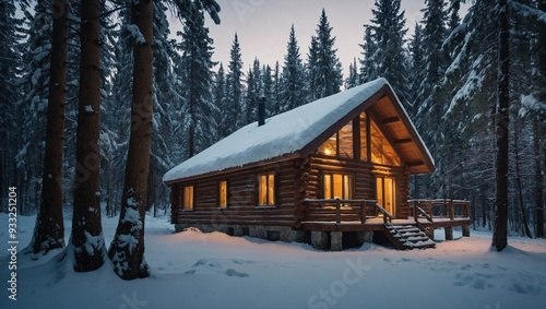 A beautiful wooden cabin on the winter forest