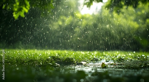 Rain Falling on Lush Green Grass and Leaves