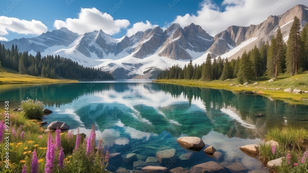 Naklejka premium Majestic mountains towering over a crystal-clear lake, their snow-capped peaks reflected perfectly in the still water, surrounded by lush pine forests and wildflowers.