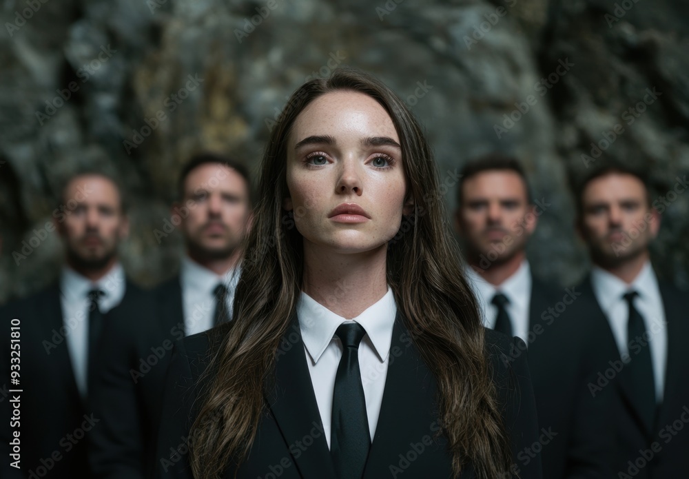 Serious young woman in formal attire with group of men in suits Serious young woman in formal attire with group of men in suits