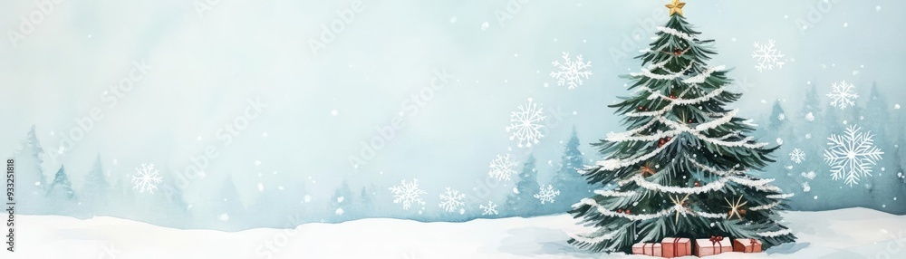 Obraz premium Festive Christmas tree, snowy landscape, joyful cheer, intricate snowflakes, Watercolor style