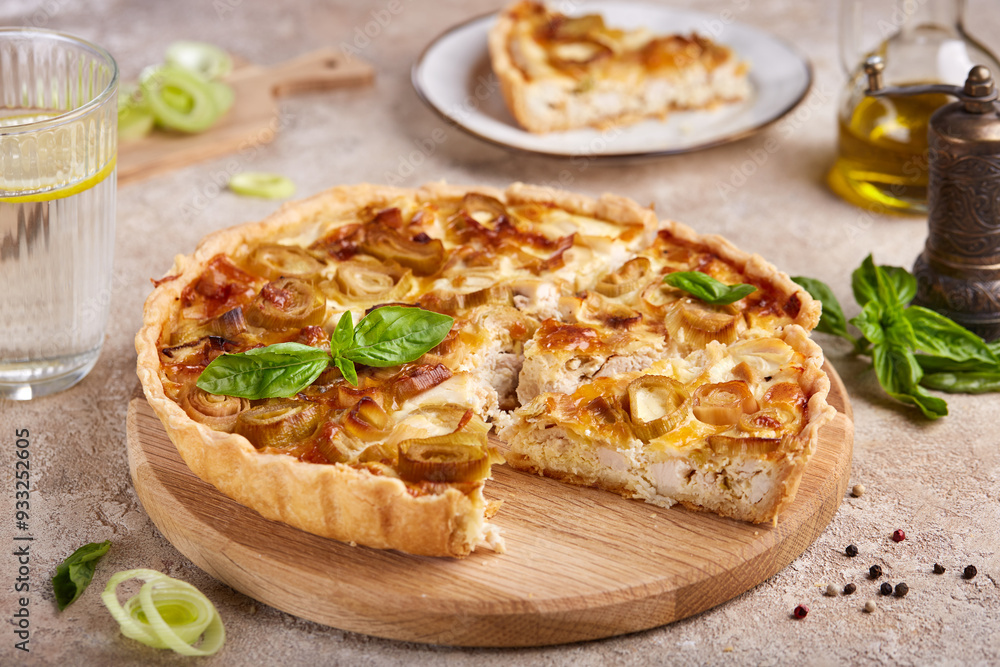 Quiche open tart pie with leek and chicken meat. Savory taste. Quiche open tart pie with leek and chicken meat. Savory taste.