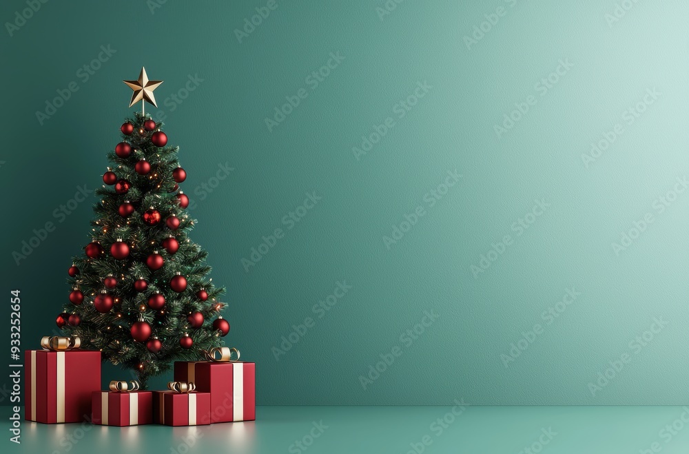 Fototapeta premium Christmas tree with red ornaments and presents