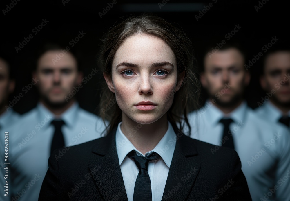Serious young woman in business attire with men in background Serious young woman in business attire with men in background
