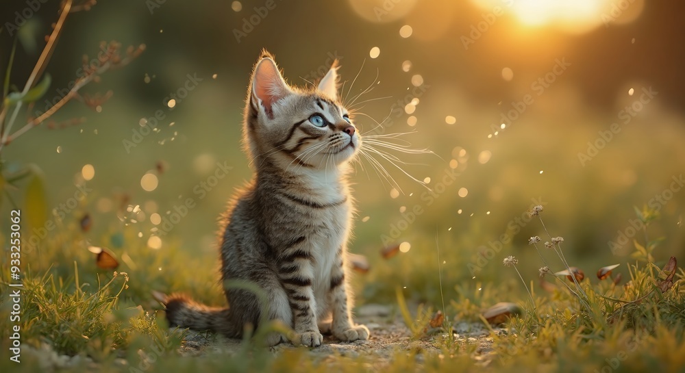 Fototapeta premium Cute animal wallpaper collection, Curious kitten, Adorable young cat investigates dandelion in magical setting