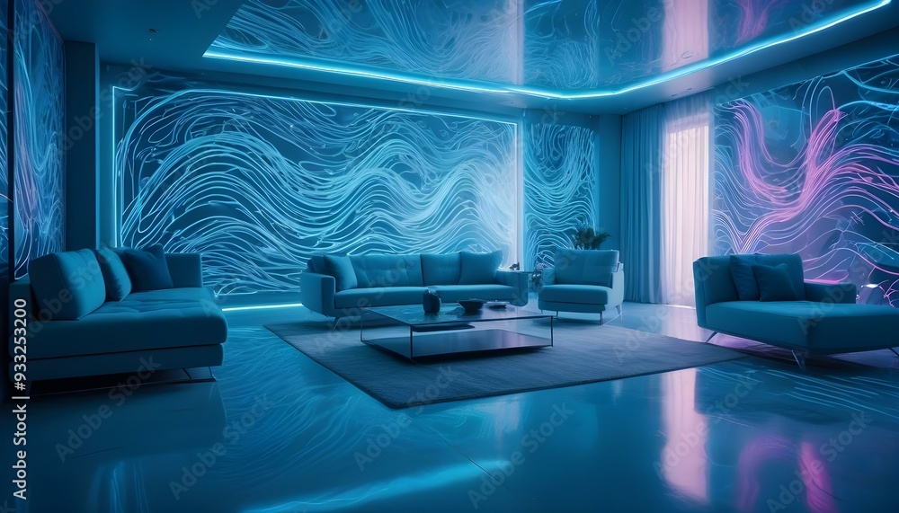 Photo modern style interior room 3d illustration with Abstract Doodle Pattern Photo modern style interior room 3d illustration with Abstract Doodle Pattern