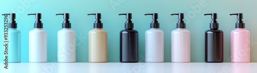 Colorful Array of Pump Bottles on White Surface Against Gradient Background