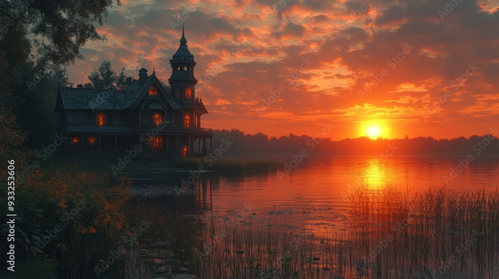 Obraz premium A serene sunset over a lake with a vintage house silhouette.