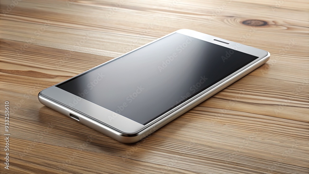Sleek silver smartphone with bright touchscreen display lies face up on a modern wooden table against a clean white background, showcasing its sleek design. Sleek silver smartphone with bright touchscreen display lies face up on a modern wooden table against a clean white background, showcasing its sleek design.
