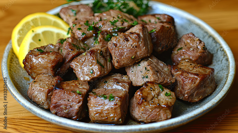 Juicy grilled steak cubes garnished with herbs and lemon on a wooden table Juicy grilled steak cubes garnished with herbs and lemon on a wooden table