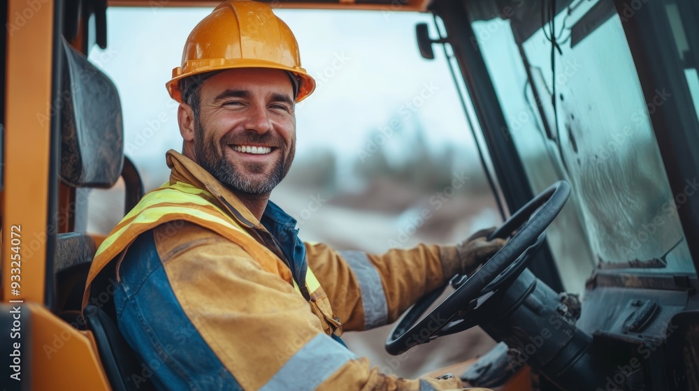 Smiling Male Bulldozer Driver Enjoying His Job On Construction Site Smiling Male Bulldozer Driver Enjoying His Job On Construction Site