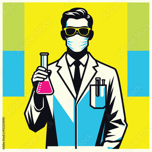 A chemist wearing a lab coat and glasses is holding a chemical flask. Vector illustration