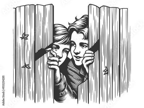 two boys wearing hats, peering over a wooden fence with curious expressions sketch engraving generative ai fictional character vector illustration. Scratch board imitation. Black and white image.