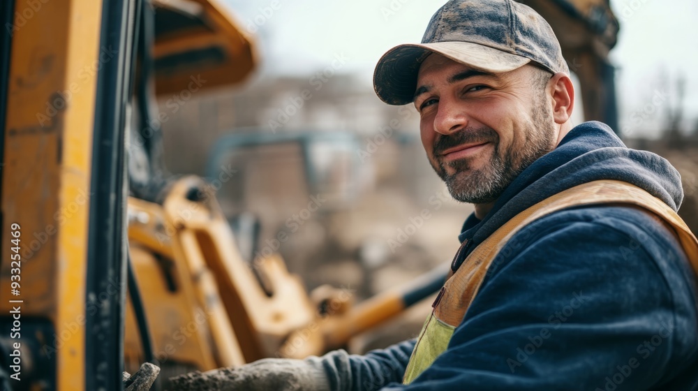 Smiling Male Bulldozer Driver Enjoying His Job On Construction Site Smiling Male Bulldozer Driver Enjoying His Job On Construction Site