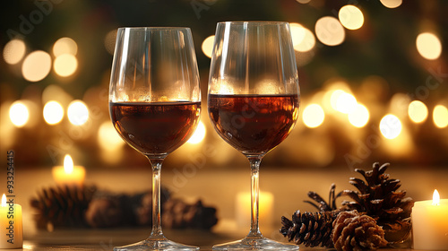 Two glasses of red wine with pinecones and candles lit in the background during a cozy evening gathering