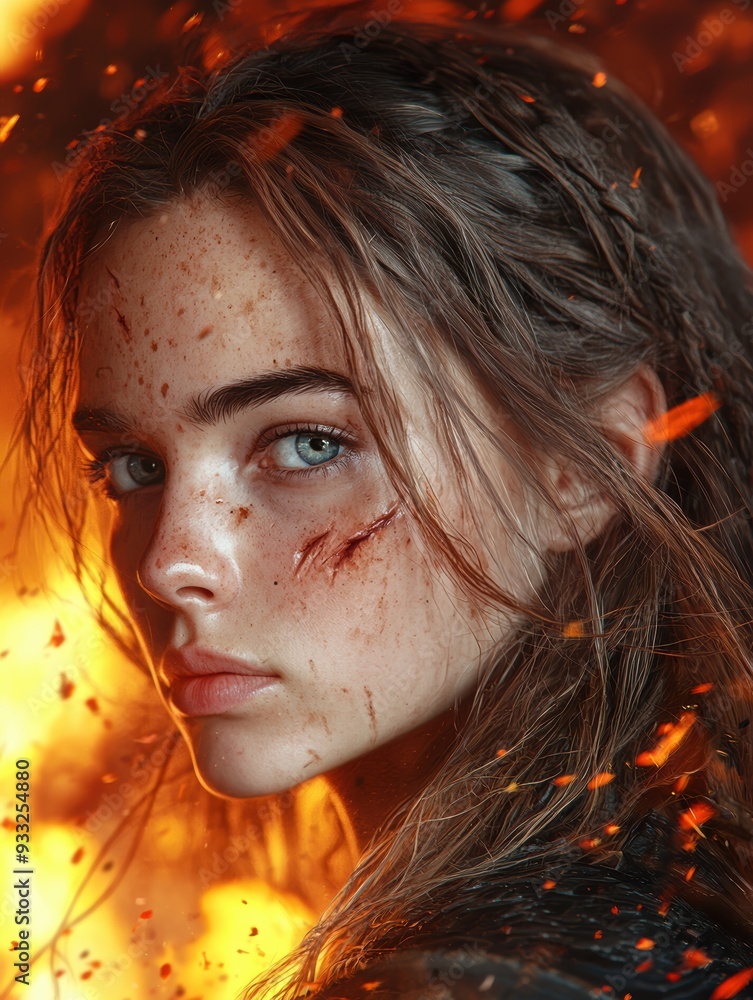 Intense portrait of a young woman with fiery background Intense portrait of a young woman with fiery background