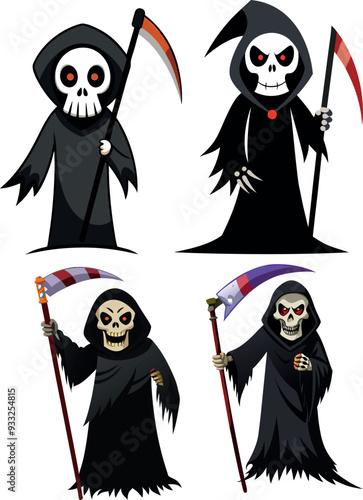 Four grim reaper poses holding scythes posing