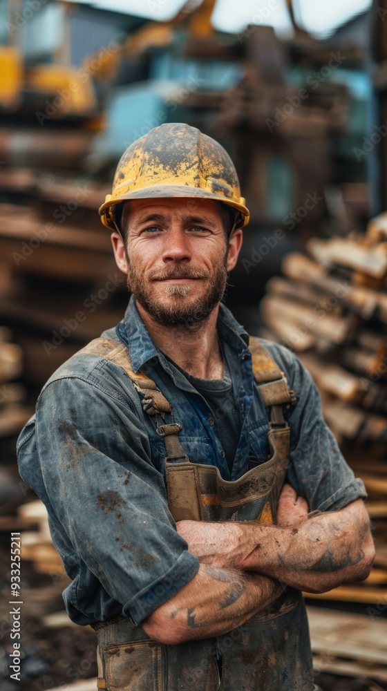 A young white worker in a yellow hard hat and overalls. Surrounded by equipment and stacks of lumber, he looks like a heavy equipment operator or a mechanic. A young white worker in a yellow hard hat and overalls. Surrounded by equipment and stacks of lumber, he looks like a heavy equipment operator or a mechanic.