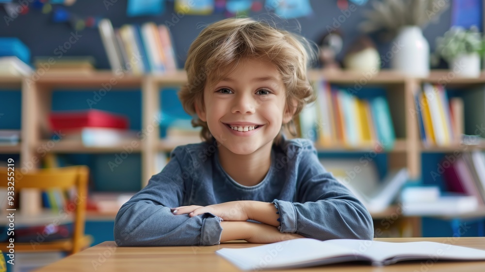 cute schoolboy sitting at the desk, smiling, looking at the camera during the lesson cute schoolboy sitting at the desk, smiling, looking at the camera during the lesson