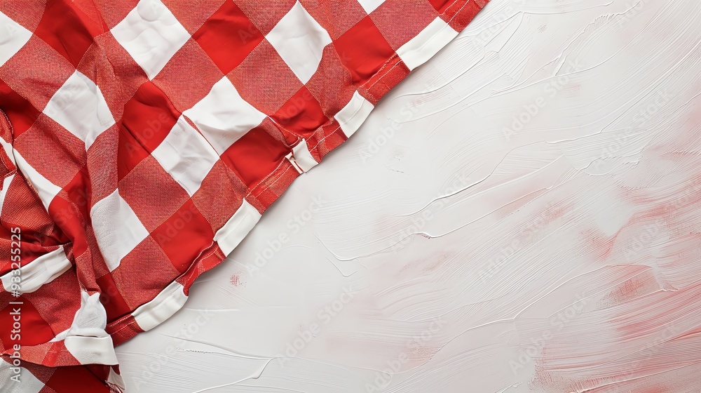 Naklejka premium Red and white checkered tablecloth partially spread over a white surface with a textured background.
