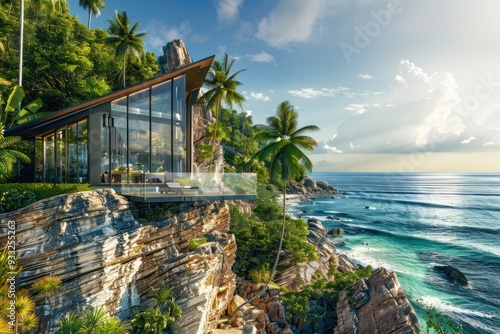 Wallpaper Mural A modern house on a rocky cliff by the ocean with palm trees surrounding it. Torontodigital.ca