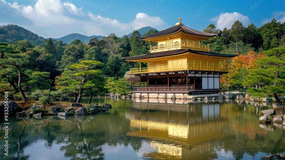 A stunning view of a temple in Kyoto, Japan, with sparkling gold leaf and a tranquil pond. A stunning view of a temple in Kyoto, Japan, with sparkling gold leaf and a tranquil pond.