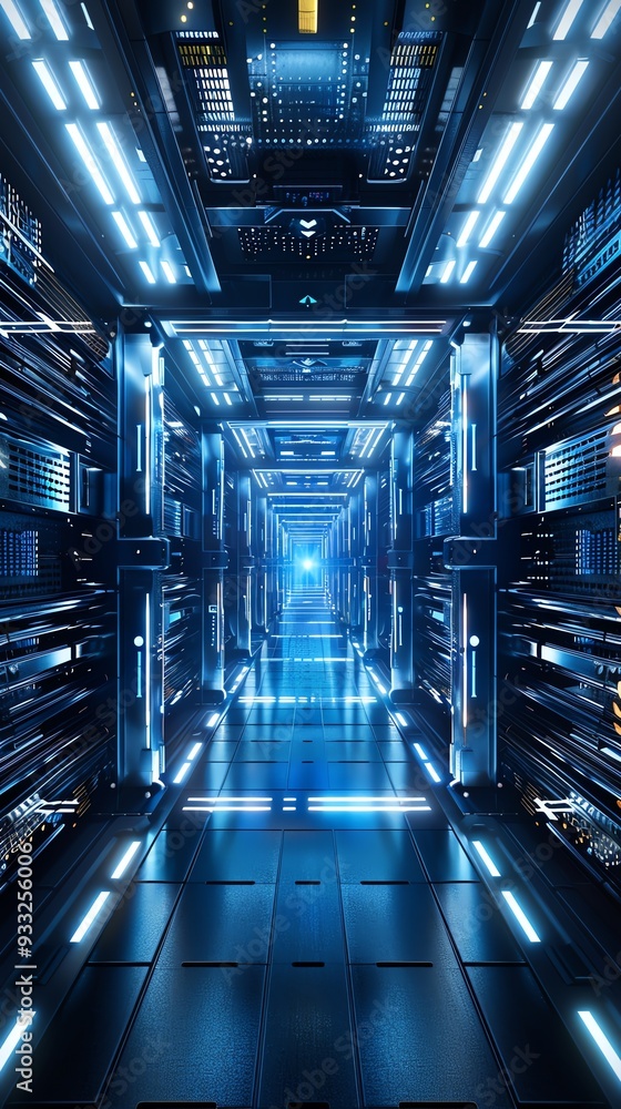 Futuristic server room with blue glowing lights and advanced technology, depicting data storage and cybersecurity in modern infrastructure. Futuristic server room with blue glowing lights and advanced technology, depicting data storage and cybersecurity in modern infrastructure.