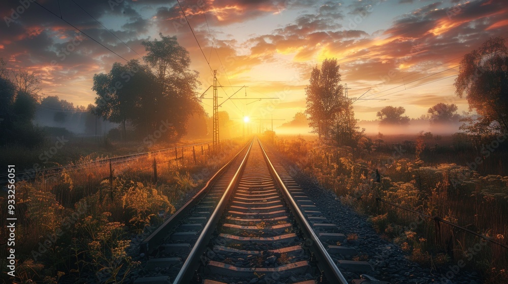 Obraz premium An abandoned railroad stretches into a sunset sky with blue and golden clouds. Green fields, yellow flowers, and lush greenery enhance the scenic beauty.