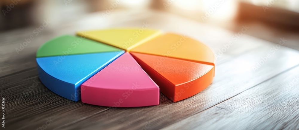 Fototapeta premium Colorful Wooden Pie Chart on Wooden Table with Sunlight Shining Through Window in Background