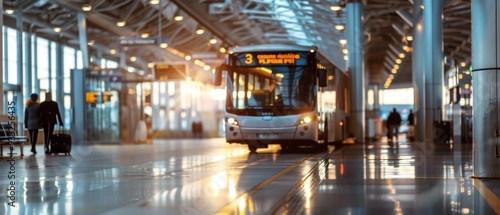 Vibrant airport scene: shuttle bus, passengers, corridor movement. Individual with suitcase, bustling atmosphere, airport lighting, well-organized space.
