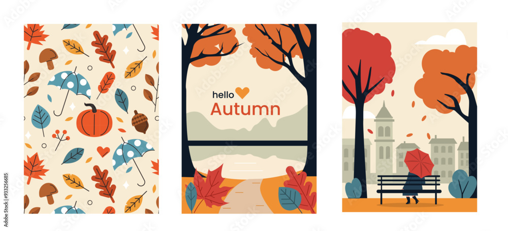 Fototapeta premium Autumn season concept set. Posters collection with woman holding umbrella in park, beautiful fall landscape and pattern. Hand drawn vector illustration.
