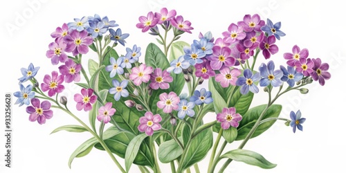 Fototapeta Naklejka Na Ścianę i Meble -  Delicate watercolor illustration of spring-inspired forget-me-not flowers in soft blue hues blooming beautifully on a clean white background, evoking serenity and elegance.
