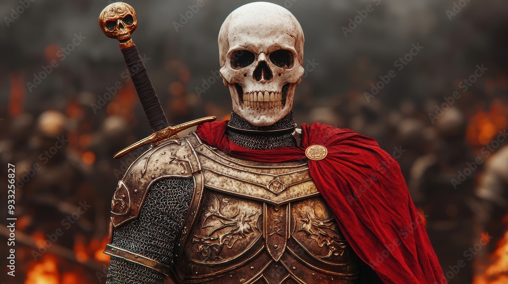 Ethereal Skeleton Knight in Enchanted Armor with Sword, 8K High Detail Fantasy Illustration for Copy Space Text Background